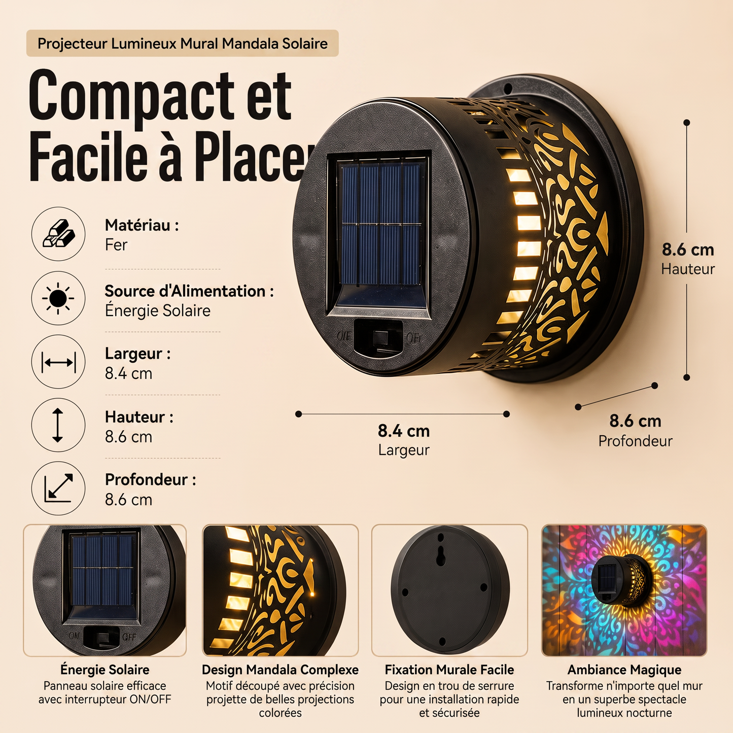 Applique murale solaire motif mandala – Projecteur décoratif pour jardin, clôture et terrasse – Éclairage d'ambiance extérieur