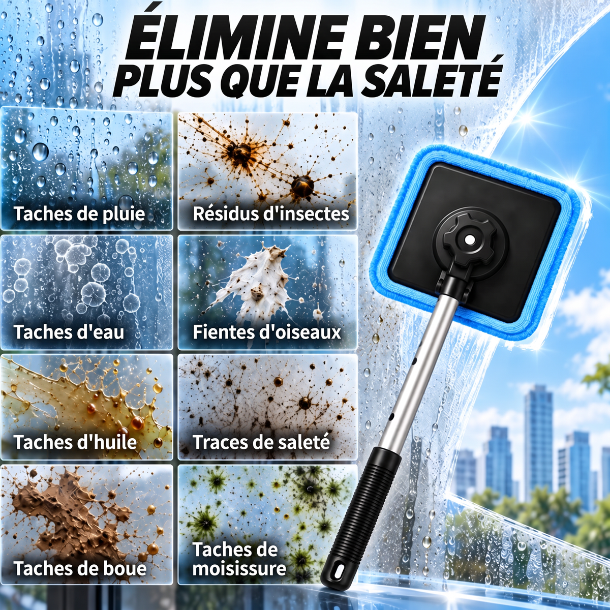 法国-Nettoyeur de vitres magnétique tout-en-un — Nettoyage double face, patins lavables et usage polyvalent (maison et voiture) | Un seul kit. Des vitres plus propres. Moins d'efforts. 💎