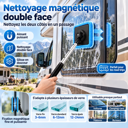法国-Nettoyeur de vitres magnétique tout-en-un — Nettoyage double face, patins lavables et usage polyvalent (maison et voiture) | Un seul kit. Des vitres plus propres. Moins d'efforts. 💎