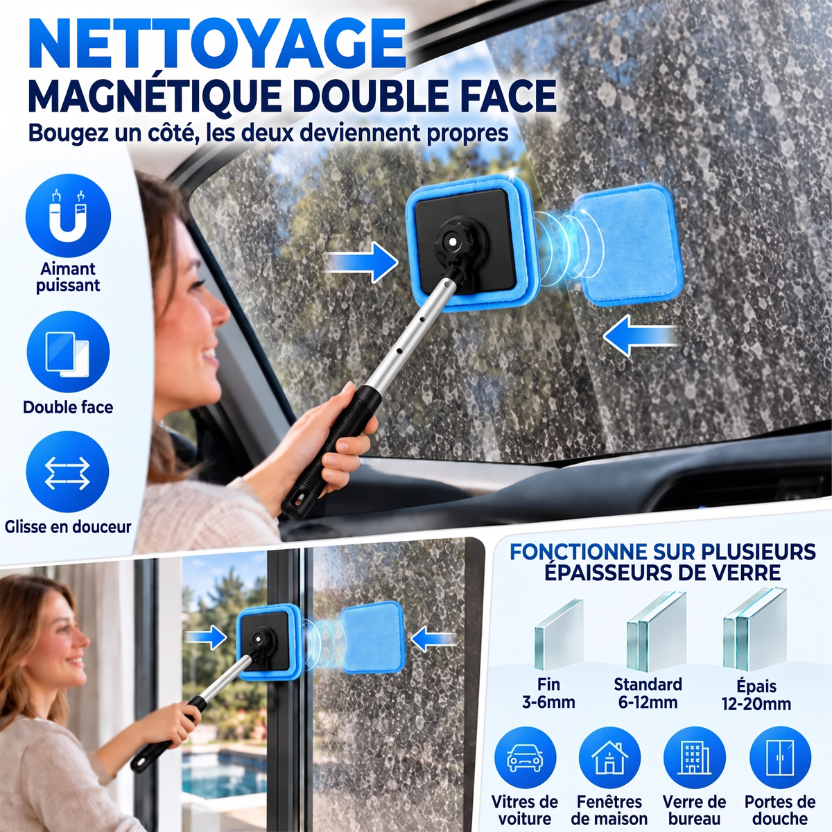 法国-Nettoyeur de vitres magnétique tout-en-un — Nettoyage double face, patins lavables et usage polyvalent (maison et voiture) | Un seul kit. Des vitres plus propres. Moins d'efforts. 💎
