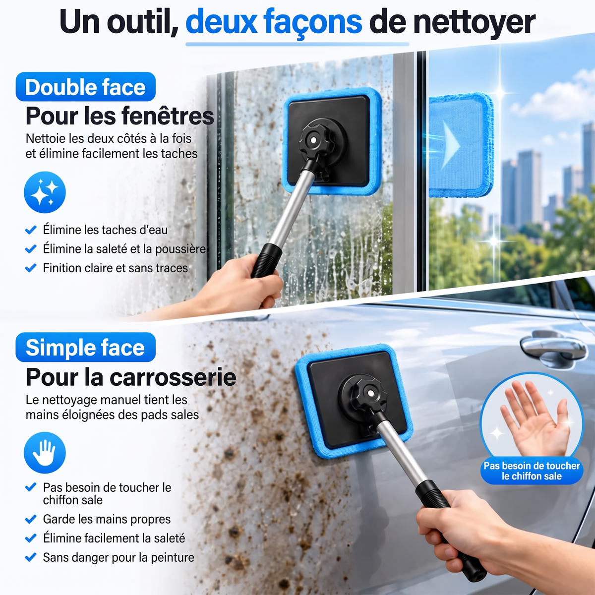 法国-Nettoyeur de vitres magnétique tout-en-un — Nettoyage double face, patins lavables et usage polyvalent (maison et voiture) | Un seul kit. Des vitres plus propres. Moins d'efforts. 💎