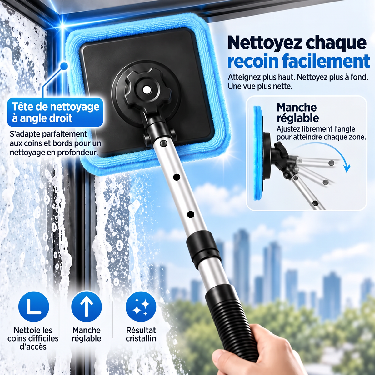 法国-Nettoyeur de vitres magnétique tout-en-un — Nettoyage double face, patins lavables et usage polyvalent (maison et voiture) | Un seul kit. Des vitres plus propres. Moins d'efforts. 💎