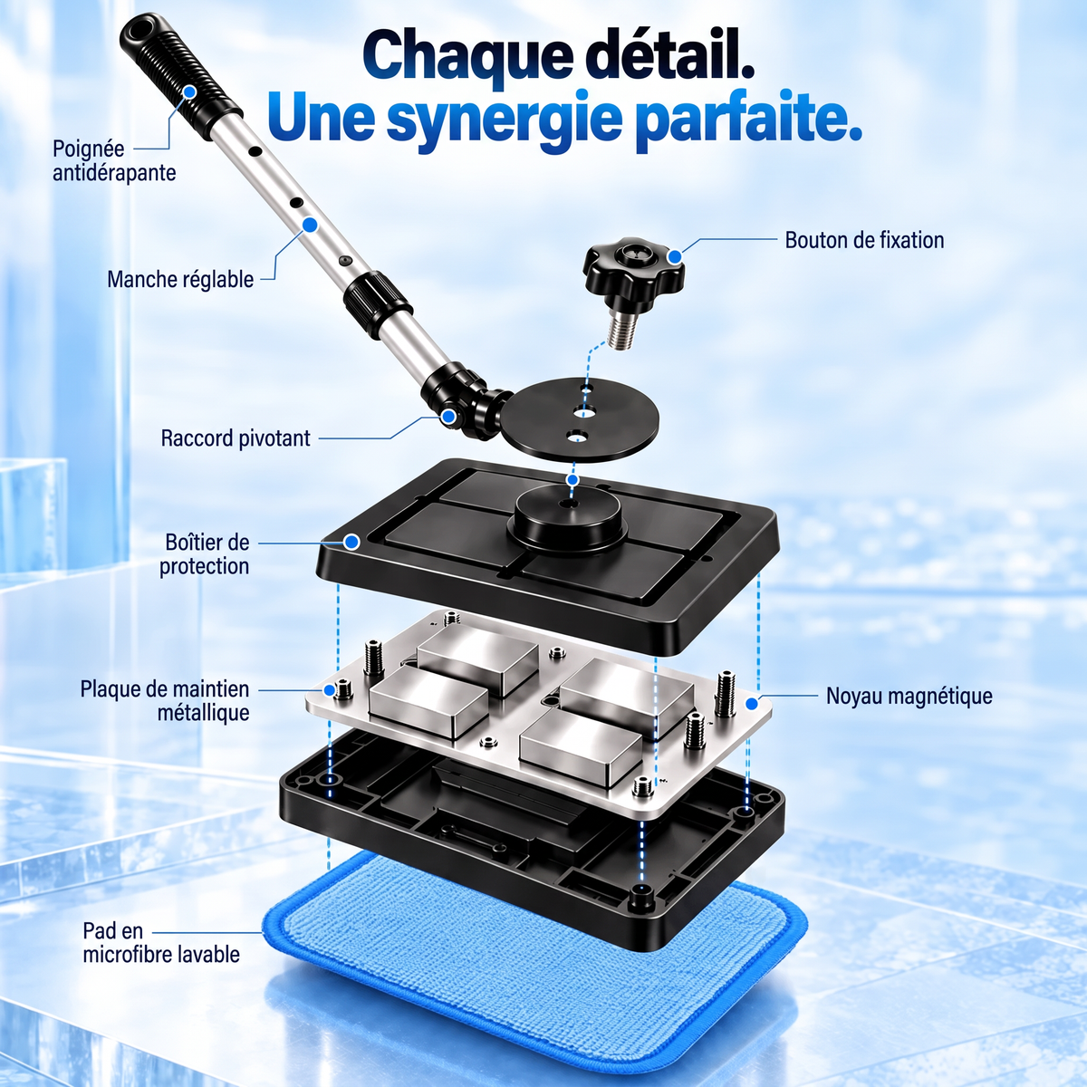 法国-Nettoyeur de vitres magnétique tout-en-un — Nettoyage double face, patins lavables et usage polyvalent (maison et voiture) | Un seul kit. Des vitres plus propres. Moins d'efforts. 💎