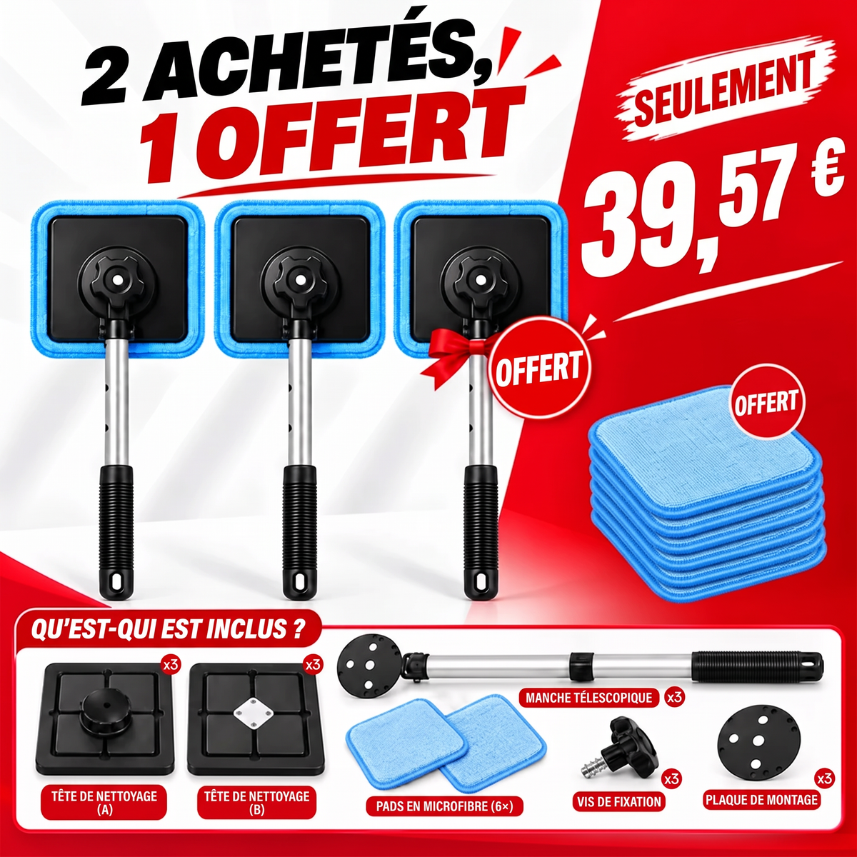 法国-Nettoyeur de vitres magnétique tout-en-un — Nettoyage double face, patins lavables et usage polyvalent (maison et voiture) | Un seul kit. Des vitres plus propres. Moins d'efforts. 💎