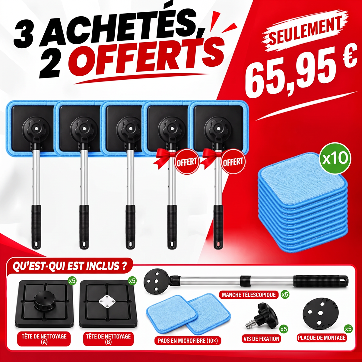 法国-Nettoyeur de vitres magnétique tout-en-un — Nettoyage double face, patins lavables et usage polyvalent (maison et voiture) | Un seul kit. Des vitres plus propres. Moins d'efforts. 💎