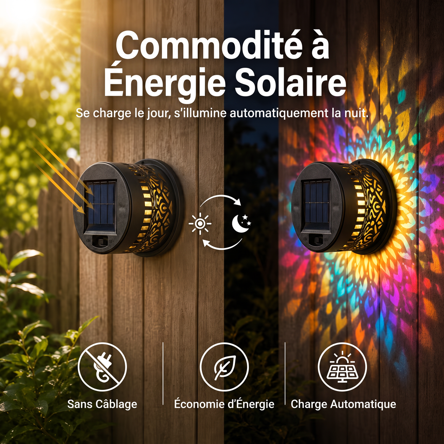 Applique murale solaire motif mandala – Projecteur décoratif pour jardin, clôture et terrasse – Éclairage d'ambiance extérieur