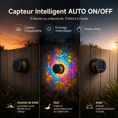 Applique murale solaire motif mandala – Projecteur décoratif pour jardin, clôture et terrasse – Éclairage d'ambiance extérieur