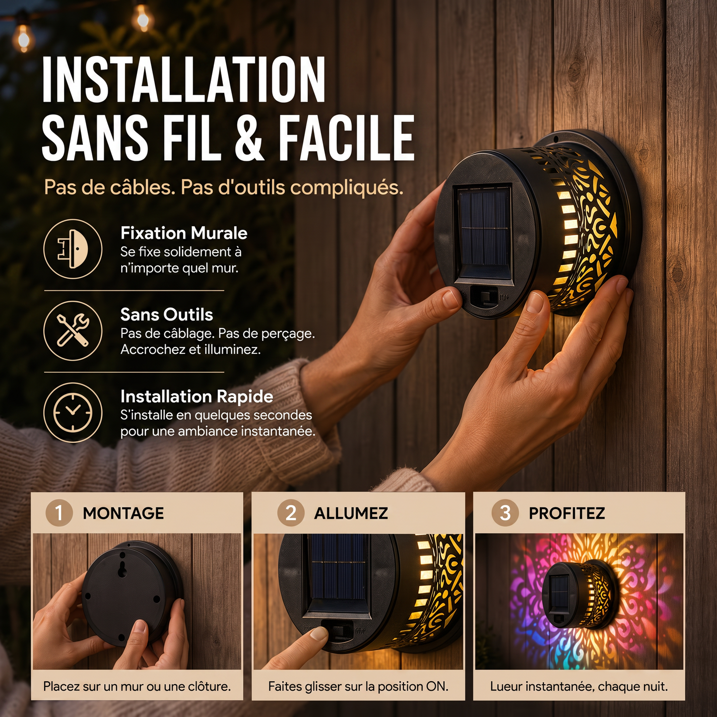 Applique murale solaire motif mandala – Projecteur décoratif pour jardin, clôture et terrasse – Éclairage d'ambiance extérieur