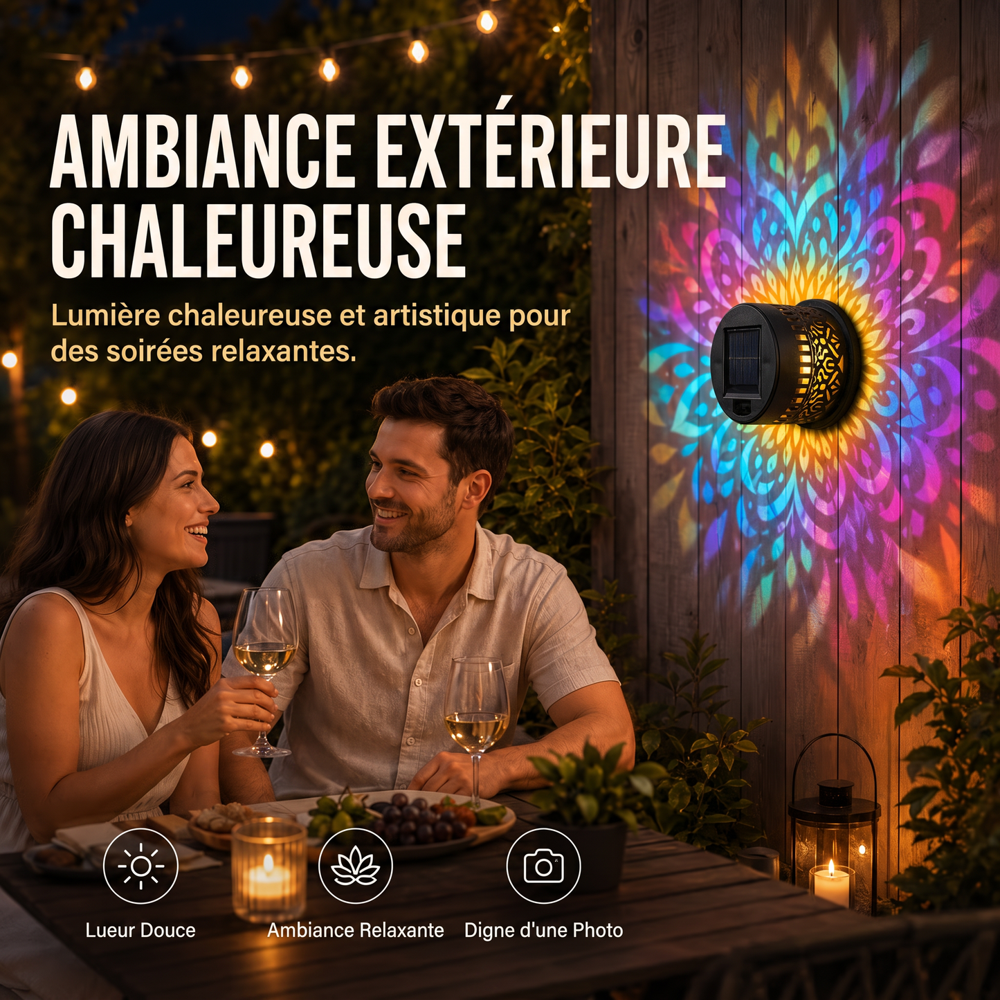 Applique murale solaire motif mandala – Projecteur décoratif pour jardin, clôture et terrasse – Éclairage d'ambiance extérieur