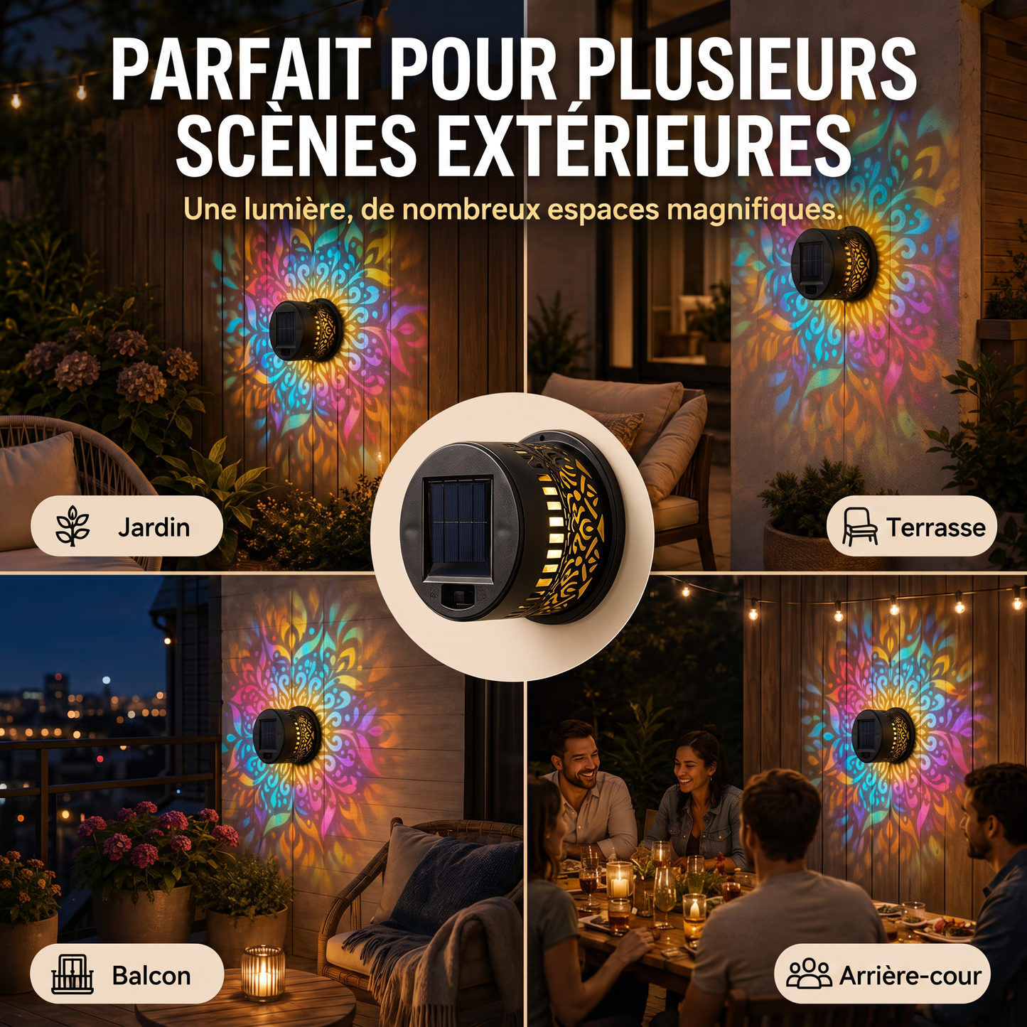Applique murale solaire motif mandala – Projecteur décoratif pour jardin, clôture et terrasse – Éclairage d'ambiance extérieur
