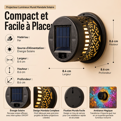 Applique murale solaire motif mandala – Projecteur décoratif pour jardin, clôture et terrasse – Éclairage d'ambiance extérieur